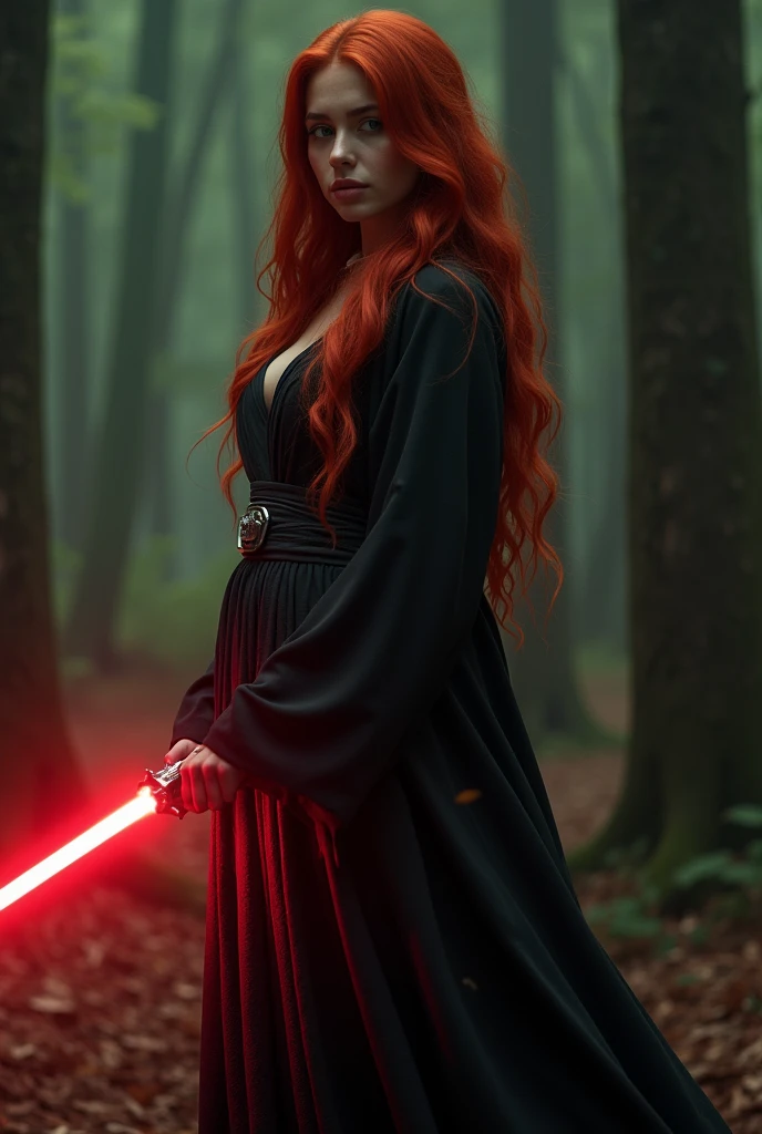 (full body shot:1) photorealistic image of a (standing pose:1) ultrarealistic, photography, long red hair, woman, 24 years old, hourglass figure, perfect body, seductive look, natural medium breasts, blur background, in complete darkness, she is wearing a sith robe, she is holding a red lightsaber, the lightsaber is the only lightsource, in the woods, fighting against a jedi with a green ligtsaber