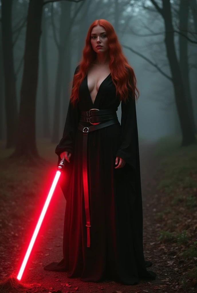 (full body shot:1) photorealistic image of a (standing pose:1) ultrarealistic, photography, long red hair, woman, 24 years old, hourglass figure, perfect body, seductive look, natural medium breasts, blur background, in complete darkness, she is wearing a sith robe, she is holding a red lightsaber, the lightsaber is the only lightsource, in the woods, fighting against a jedi with a green ligtsaber