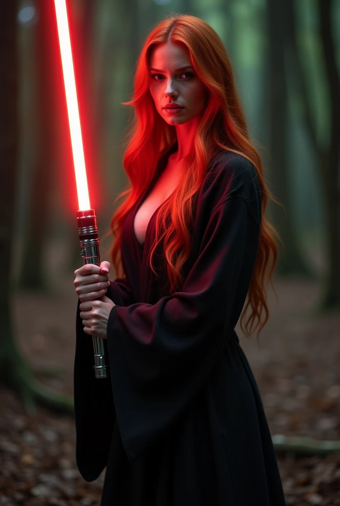 (full body shot:1) photorealistic image of a (standing pose:1) ultrarealistic, photography, long red hair, woman, 24 years old, hourglass figure, perfect body, seductive look, natural medium breasts, blur background, in complete darkness, she is wearing a sith robe, she is holding a red lightsaber, the lightsaber is the only lightsource, in the woods, fighting against a jedi with a green ligtsaber