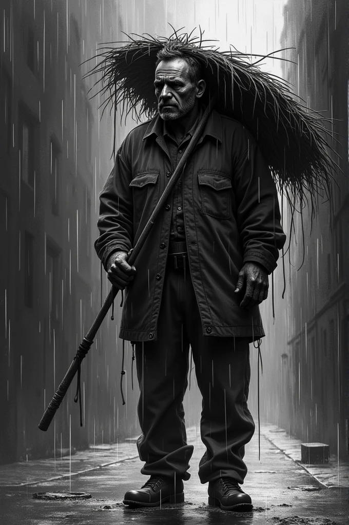 Black and white drawing of a man with a straw in the rain