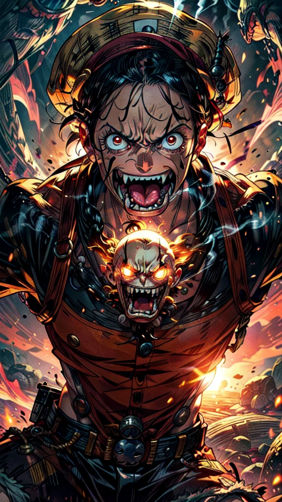 Create a hyper-realistic, terrifying image of Luffy from One Piece with a decayed, waxy body in a stretching pose. His face should be a grotesque illusion of multiple gaping mouths with slimy, tentacle-like tongues. His eyes should be exaggerated and bulging. The background is dark red with fiery textures, dynamic lighting, and smoke effects. Include fractal patterns and steampunk elements. Add a cracked, chaotic design to his hat and motion effects from wind-blown clothing."