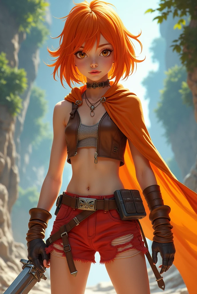 A white girl with orange hair,camisa cropped amareka,thin sleeveless blouse with open brown zipper,red ripped shorts,an orange cape and a sword