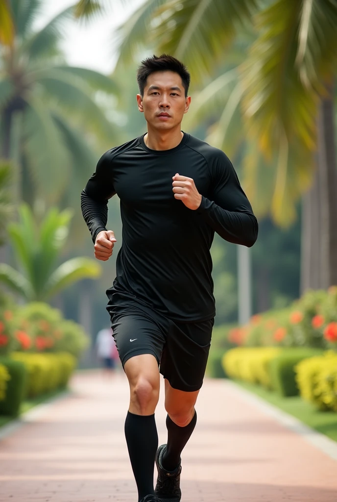 Public parks in Thailand, South Korean man, Wear black sports shorts, Wearing a black long-sleeved sports shirt, Sportswear ,Black knee-length socks