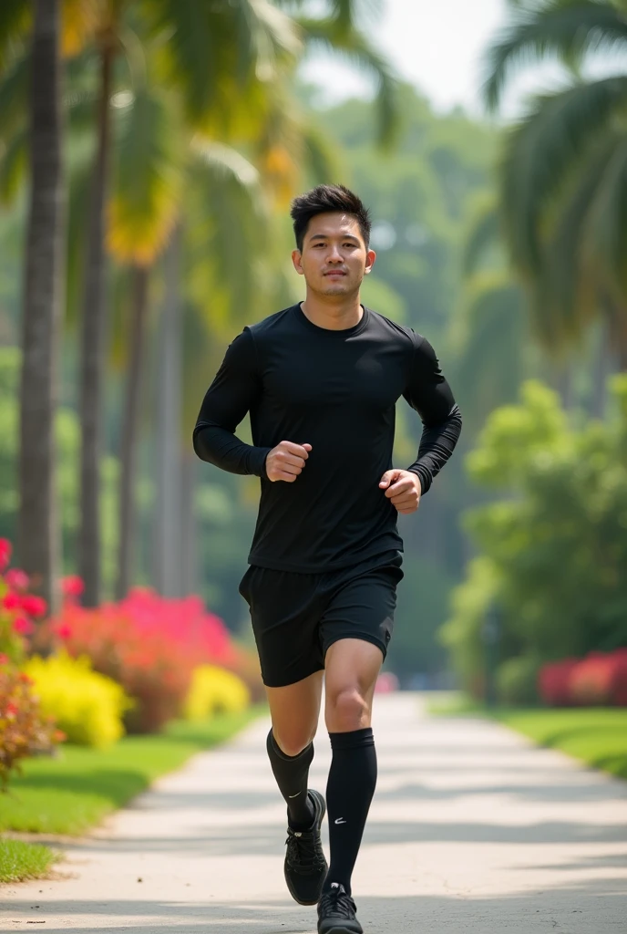 Public parks in Thailand, South Korean man, Wear black sports shorts, Wearing a black long-sleeved sports shirt, Sportswear ,Black knee-length socks