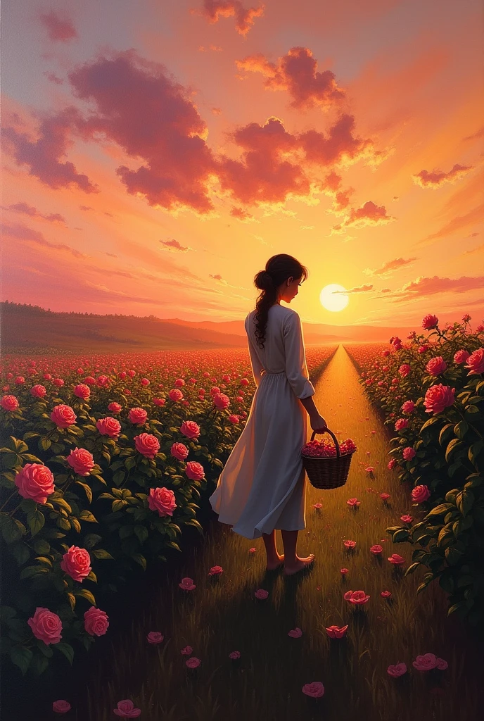 Canvas painting of black silhouette of woman picking roses in field with basket and sunset