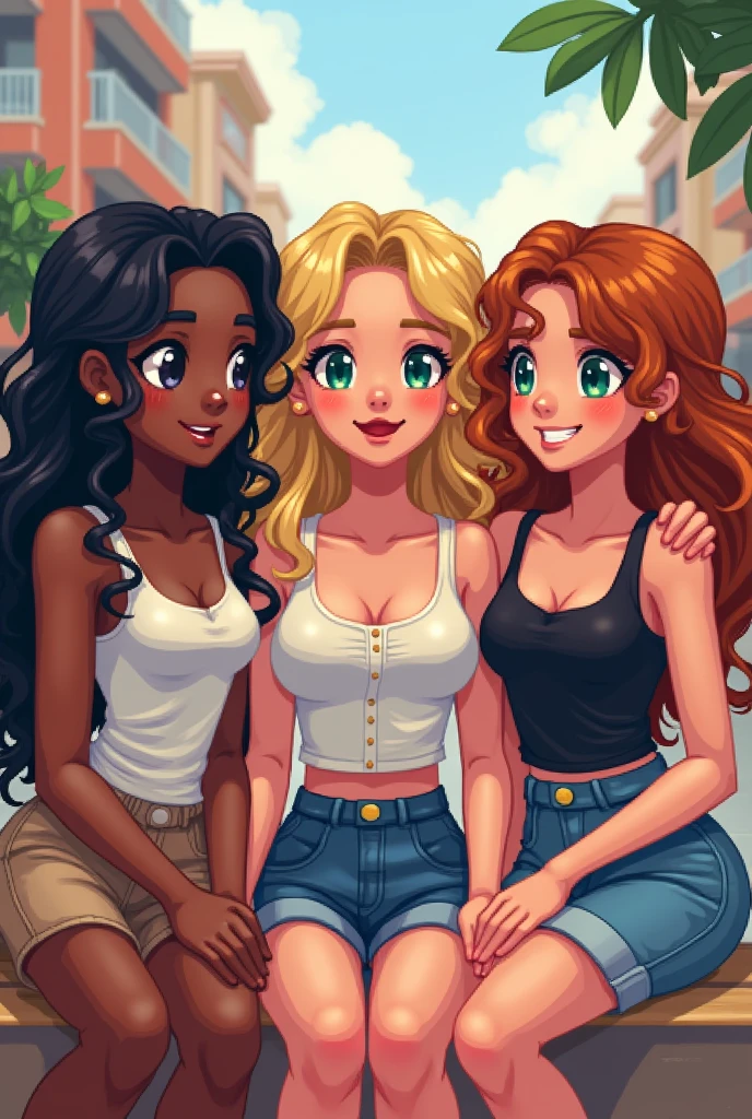Drawing of three female friends:
the first: chubby girl, high, with white skin and black hair.
The second blonde and with white skin.
The third brunette and brown hair.
Con pixel art