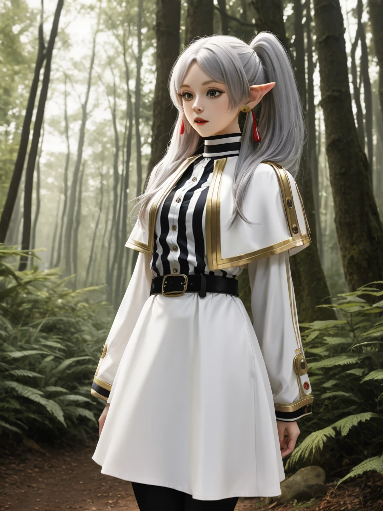 masterpiece, best quality, absurdres, 1girl, solo, FrierenBase, long hair, twintails, earrings, white capelet, striped shirt, horizontal stripes, long sleeves, belt, white skirt, gold-trim, black pantyhose, arms behind back, outdoors, forest,