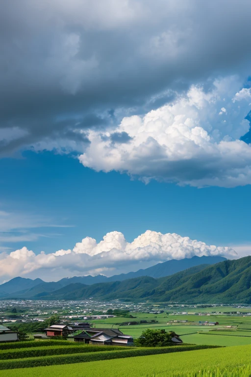 Japanese countryside,summer,cumulonimbus,Mountain,Wide view