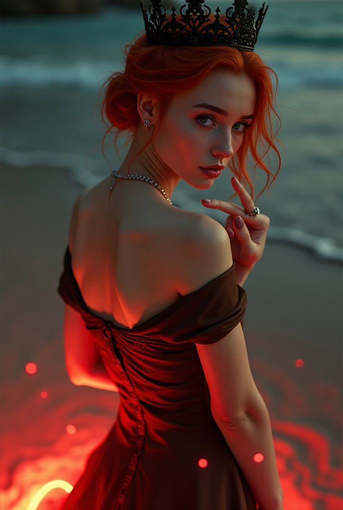 A red-haired woman has her hair up completely revealing her back and is wearing a black crown, young and sexy, This stop is above the sand of a beach that shines at night, She has emerald green eyes and a red light surrounds her waist., She is wearing a large, shiny brown off-the-shoulder dress and smiling flirtatiously., She has a wedding ring on her hand, its curves are pronounced, thick eyebrows, Full lips and seductive look 