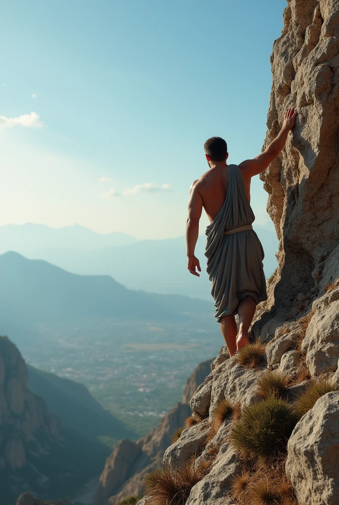 man in greek tunic, climbing a mountain 2d

