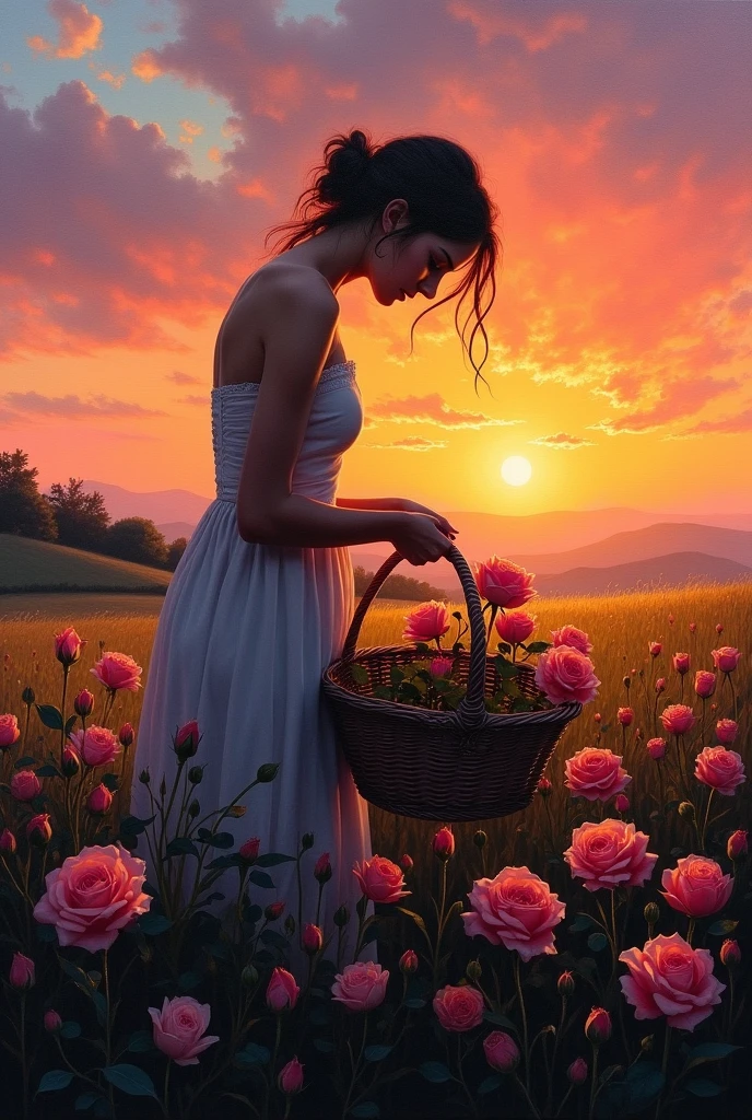 Canvas painting of black silhouette of woman picking roses in field with basket and sunset