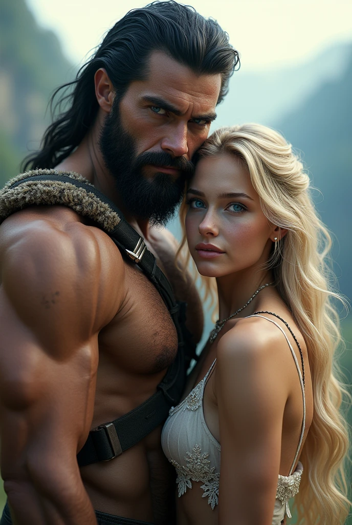 Strong man with black hair and blue eyes together with his 19 year old blonde blue eyed daughter
