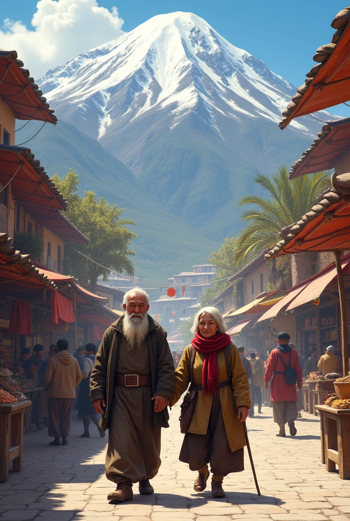 The landscape of the city of peace with the Illimani mountain is admirable, Many merchants and among them showing the elderly couple are walking towards the square to sell something, ready and determined.