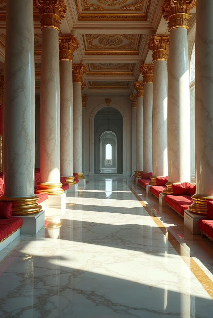 Colourful Interior of a Palace with marble floor, marble aesthetic, white marble, shiny floor, marble floors, red padded, Greek Roman Columns, royal aesthetic, Golden details, Gold ((masterpiece)), color photograph, (sharp focus:1.2), extremely detailed, intricate, dramatic lighting, moody and melancholic atmosphere, sony a7 IV film stock photograph 4 kodak portra 400 camera f1.6 lens rich colors hyper realistic lifelike texture, best quality dramatic lighting cinestill 800, deep shadow, photo, Highly detailed, wide angle lens, depth of field, bokeh, 4K, HDR, absurdres, hyperrealistic, photorealistic, 1980s, blue and pink, aesthetic.