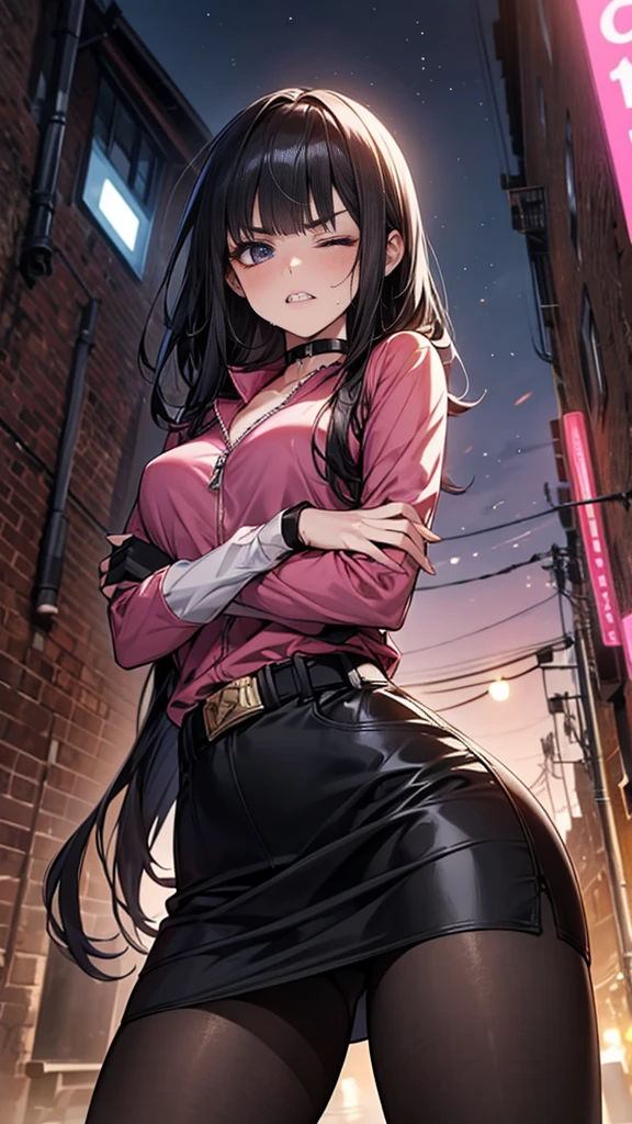 {{standing on one knee:1.6}},{{knee up:1.6}},{{Hold one hand on the side of the body:1.6}},Hold the arm with one hand,Dynamic composition,dutch angle,from below,from side,solo,170cm tall female, theatrical animation style,{{Black pantyhose:1.2}}, Power Rangers pre-transformation heroine,{{Futuristic zip-up police shirts with collar}}, Long-sleeved shirt with rolled-up arms,{{Pink-based shirt:1.6}},pink shirt,BLACK PENCIL SKIRT, BLACK SKIRT,,{{small face:1.8}},{{Grit your teeth:1.4}},{{fighting stance:1.6}}{{fight:1.6}}{{masterpiece}}, {{{Highest quality}}},{{Very detailed}},{{Pain ,Suffering}},one eye closed,{{critical situation:1.6}},{}},1girl,30years old,{Mature Woman}},{{}},{{Grit your teeth:1.4}},,{{v-shaped eyebrows}},Bad mood,blush,Sweat,raise one's eyebrows、black fingerless gloves,Bad mood,profound,Beautiful thighs,clavicle、chest holster,BLACK Long Hair,Blunt bangs,Alley,Black Choker,belt