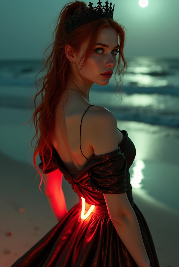 A red-haired woman has her hair up completely revealing her back and is wearing a black crown, young and sexy, This stop is above the sand of a beach that shines at night, She has emerald green eyes and a red light surrounds her waist., She is wearing a large, shiny brown off-the-shoulder dress and smiling flirtatiously., She has a wedding ring on her hand, its curves are pronounced, thick eyebrows, Full lips and seductive look 