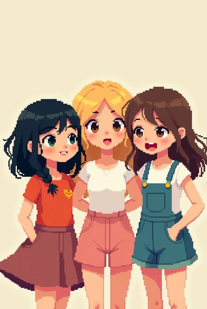 Drawing of three female friends:
the first: chubby girl, high, with white skin and black hair.
The second blonde and with white skin.
The third brunette and brown hair.
Con pixel art