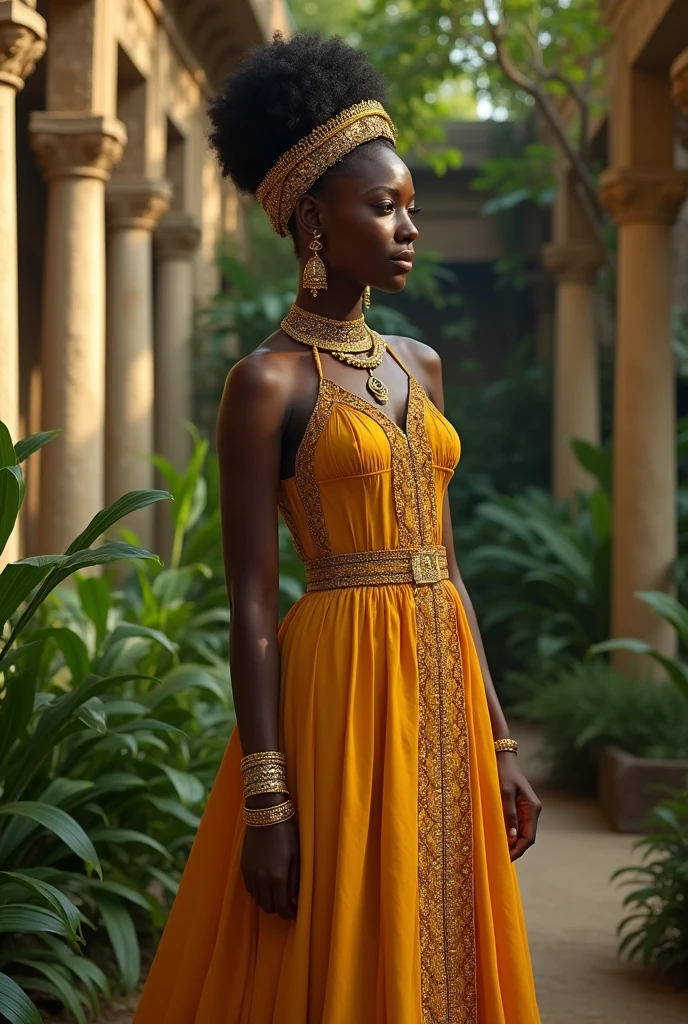 "Create a photorealistic image of a majestic African woman in her mid-20s, standing gracefully in a verdant, ancient garden. Her smooth, dark skin glows under the soft, filtered light. She wears a regal, floor-length gown in a rich shade of mustard gold, embellished with delicate embroidery and traditional beadwork. Her hair is styled in an intricate updo, crowned with an ornate headdress adorned with gold and gemstones, symbolizing her noble status. She is adorned with traditional African jewelry, including a layered choker necklace, dangling earrings, and intricately designed bangles. The background is lush with tropical plants and weathered stone columns, giving the scene a sense of timeless elegance and natural splendor. The lighting should accentuate her elegance and the richness of the colors, while also capturing the serene, almost mystical atmosphere of the setting."