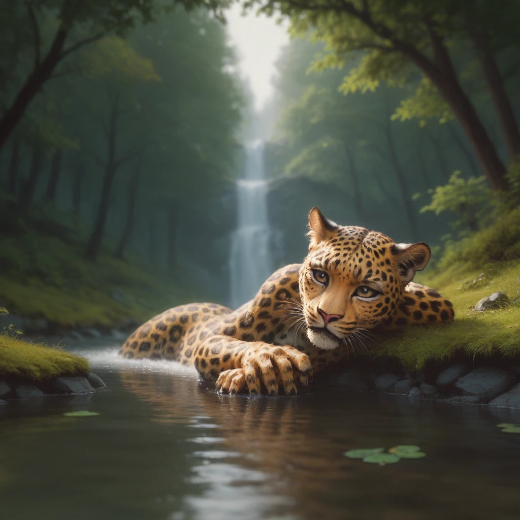 maozonia indigenous girl, 18 years old, bathing in a river, in the middle of the forest, a jaguar watching from afar, sad, Clockpunk, Gamercore, street level view, Blender rendering, 100mm, Sculpture, iridescent colors, Medicalcore, strobe lighting, ultra realistic, photorealistic, octane render, unreal engine, hyper detailed, volumetric lighting, hdr, octane render, fantasy 4k 8K