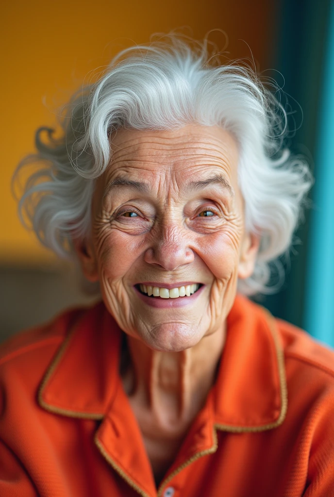 A photo with round edges. This photo is of an old lady. She is a cheerful grandmother with mental problems. Very happy. Use bright colors in the background of the photo.