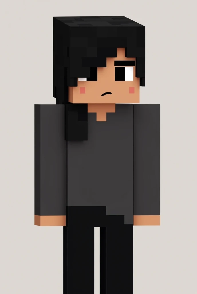 Make a Minecraft YouTube profile picture, black hair, dark gray shirt, black pants, black eyes, brown skin, and a neutral mouth