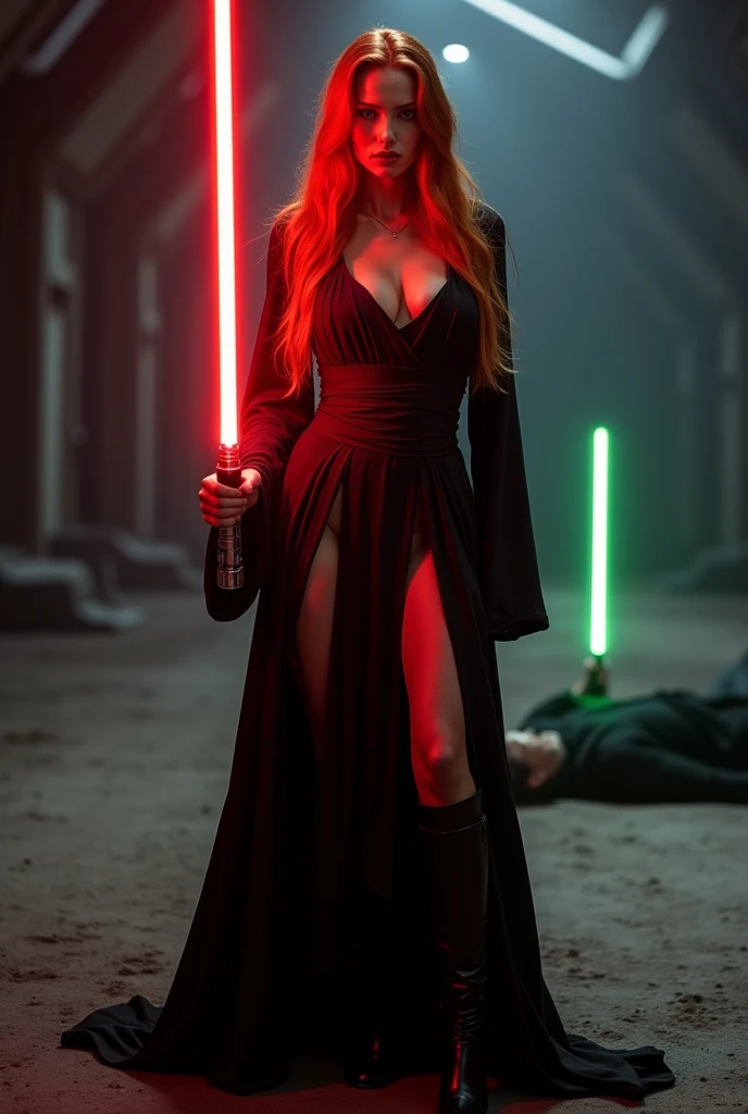 (full body shot:1) photorealistic image of a (standing pose:1) ultrarealistic, photography, long red hair, woman, 24 years old, hourglass figure, perfect body, seductive look, natural medium breasts, blur background, in complete darkness, she is wearing a sith robe, she is holding a red lightsaber, the lightsaber is the only lightsource, on a dark spacestation, a defeated jedi is lying on the ground with a green lightsaber next to him