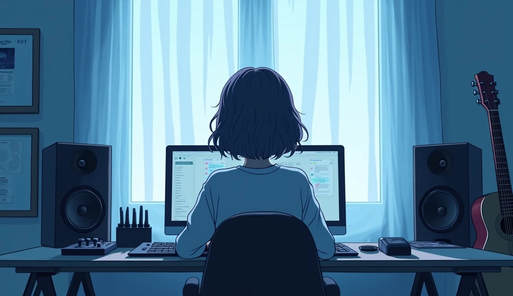 Inside the room　blue　white　Emotional　computer　speaker　A guitar leaning against a wall　Desktop Music　 Bob Hair　Near future　Girl　dawn　An illustration　Anime Style　Back view　Face not shown