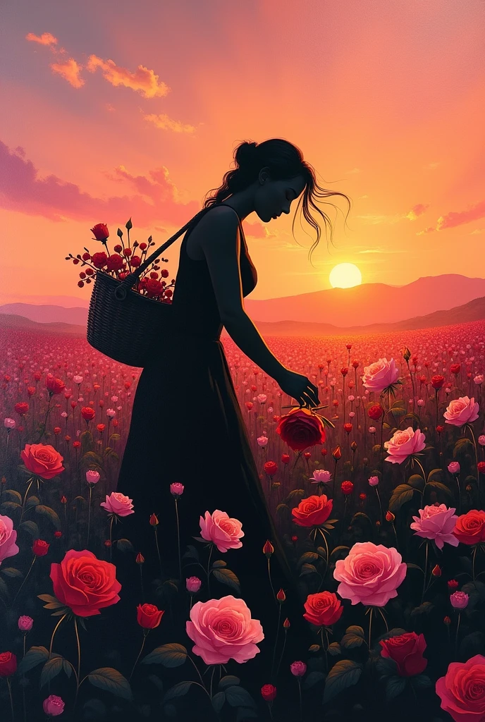 Canvas painting of black silhouette of woman picking roses in field with basket and sunset