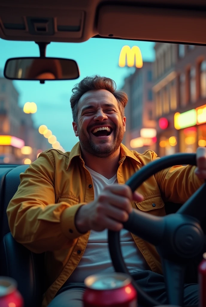 driving happy man, 5 beers, McDonald’s car