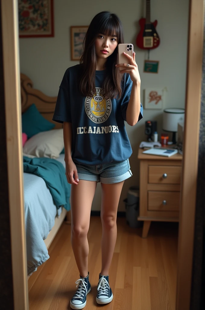 Who was a picture of a girl taking a photo in a mirror with her iPhone 10, The girl must have bangs and straight hair down to her waist., You should also have Russian volume eyelash extensions., From behind you can see his messy room, and she must be dressed in shorts and a Boca Juniors Athletic Club T-shirt, and some converse sneakers. The image must be very realistic.