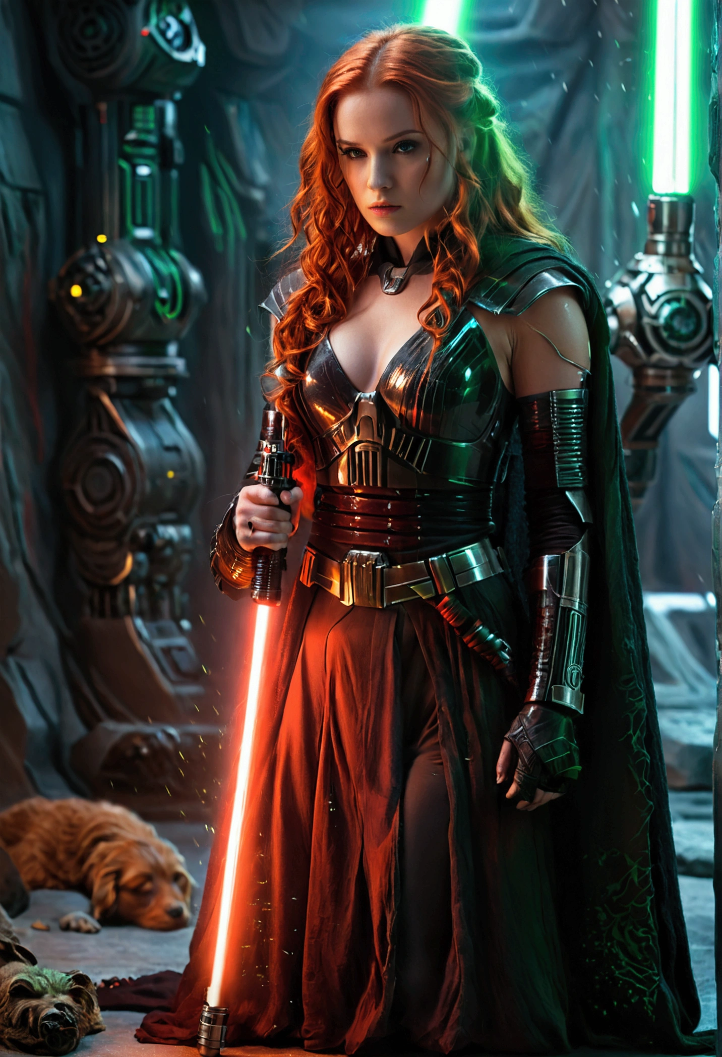 (full body shot:1) photorealistic image of a (standing pose:1) ultrarealistic, photography, long red hair, woman, 24 years old, hourglass figure, perfect body, seductive look, natural medium breasts, blur background, in complete darkness, she is wearing a sith robe, she is holding a red lightsaber, the lightsaber is the only lightsource, on a dark spacestation, a defeated jedi is lying on the ground with a green lightsaber next to him