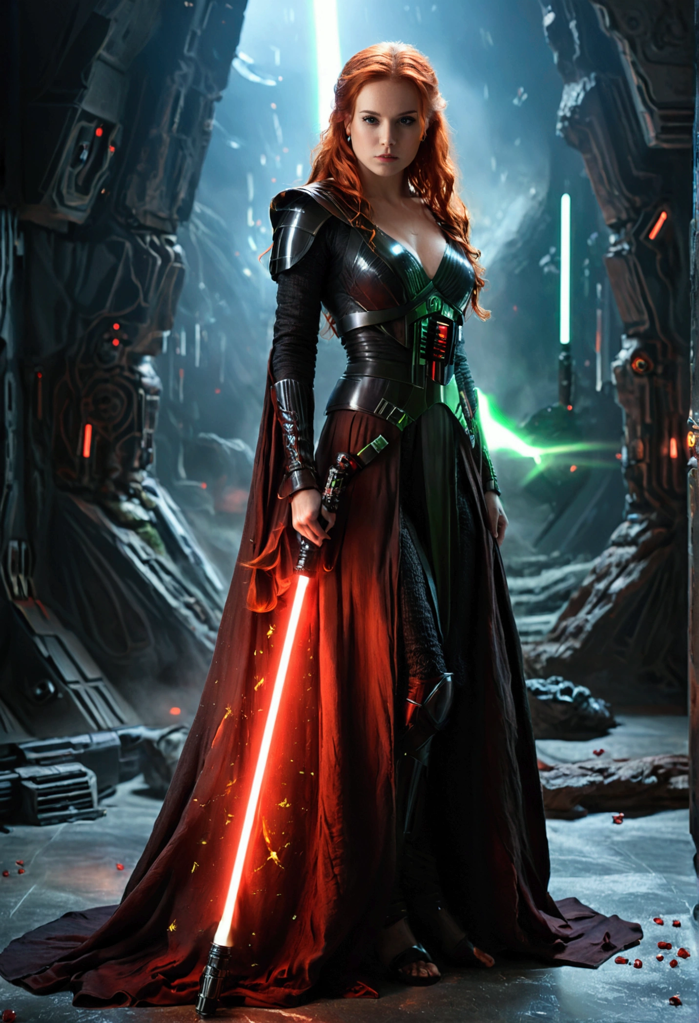(full body shot:1) photorealistic image of a (standing pose:1) ultrarealistic, photography, long red hair, woman, 24 years old, hourglass figure, perfect body, seductive look, natural medium breasts, blur background, in complete darkness, she is wearing a sith robe, she is holding a red lightsaber, the lightsaber is the only lightsource, on a dark spacestation, a defeated jedi is lying on the ground with a green lightsaber next to him