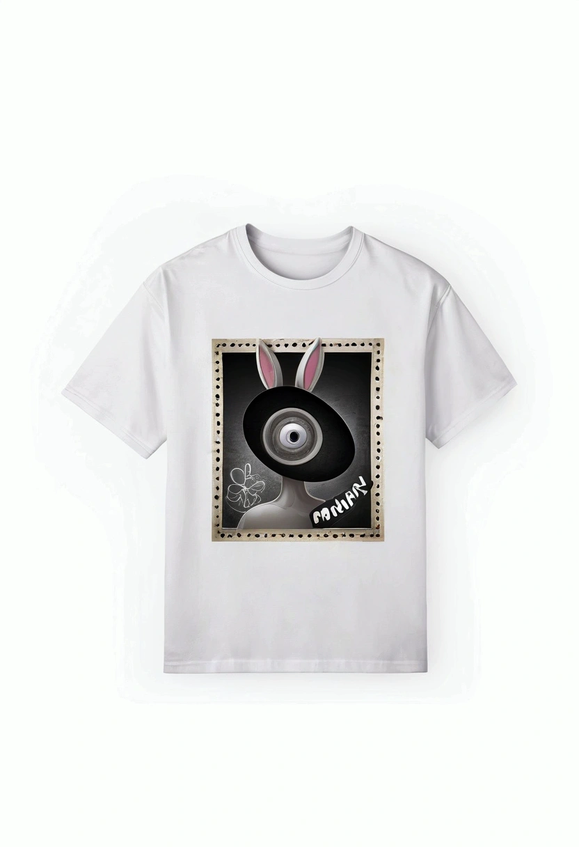 3D rabbit with tapes on eyes, Place a mischievous bunny character in the center of the composition on a textured, dark background. Surround the bunny with floating hearts and glitched lines, and integrate the text 'Bad Bunny' above the character in a bold, graffiti font