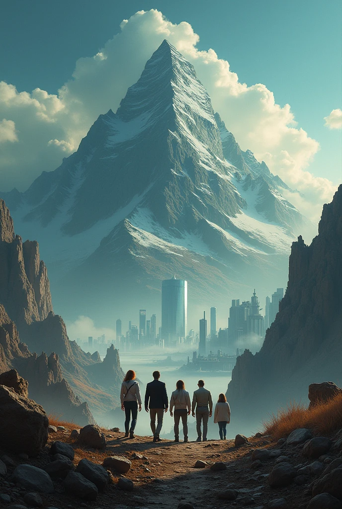 A group of scientists back. And in the background a shot of a mountain from where you can see a recovery base and a city in destruction.. And the image says title (The mystery of area 51)