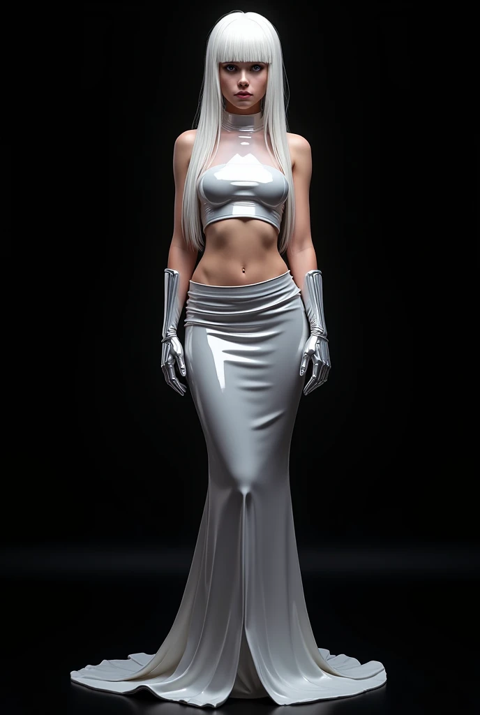 A woman with long straight white hair,She will wear an elegant white off-the-shoulder dress and will wear a diamond necklace and black gloves.,I want her standing showing her entire dress, I want the black background