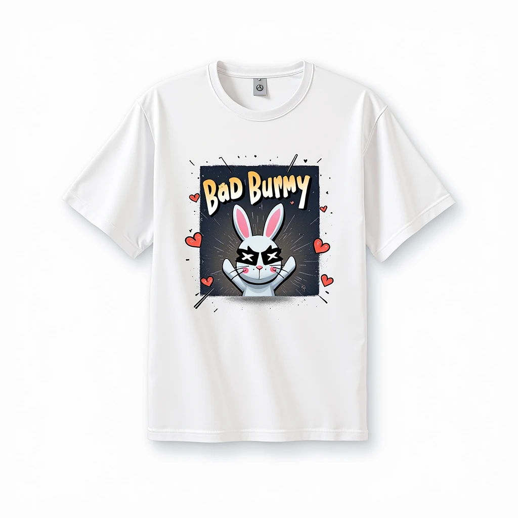 3D rabbit with tapes on eyes, Place a mischievous bunny character in the center of the composition on a textured, dark background. Surround the bunny with floating hearts and glitched lines, and integrate the text 'Bad Bunny' above the character in a bold, graffiti font