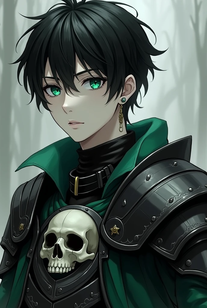 1boy, white boy, white boy, pale skin, ((gray skin)),eighteen years old, white skin, male focus, no wrinkles, (((black hair)), 【Feature】Black Sclera, green eyes, earring, wearing armor darkness, skull in armor