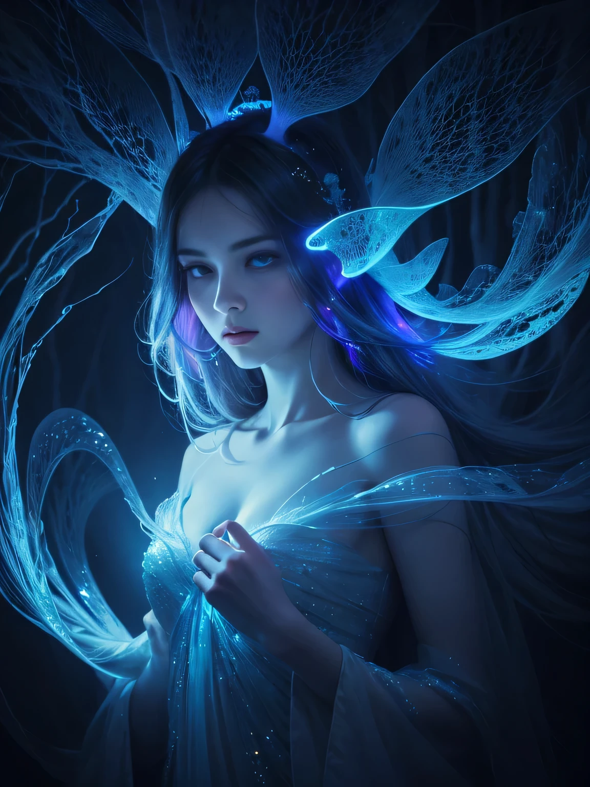 In the shadowy depths of the enchanted forest, a spectral, ethereal entity emerges: a beautiful nocturnal bioluminescent creature glowing with an otherworldly light. This captivating theme is captured in high fashion editorial photography, showcasing its haunting beauty. Every detail of the creature is a symphony of delicate luminescence, with swirling iridescent colorful patterns dancing across its translucent form. The image is a masterpiece of photography, a fractal color background, with specialized lighting and composition perfectly highlighting the mystical presence of the creature. Viewing this exquisite photograph is like looking into a dream world, where the line between reality and fantasy blurs perfectly.