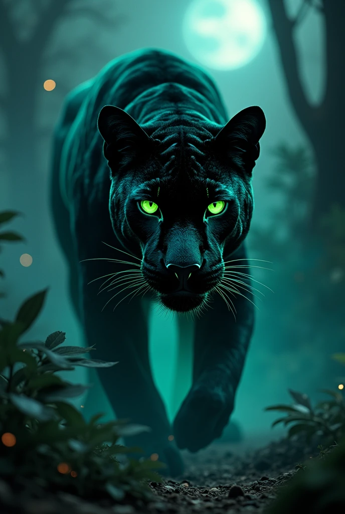 Show me a panther with neon green eyes at night, of the Moon, from the shadows, His favorite colors are blue and green, but especially viridian, and he is from the Amazon..
Loves hallucinogenic mushrooms.