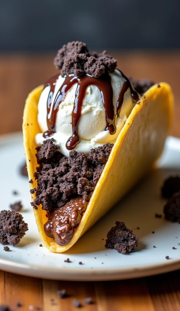 A sweet taco topped with ice cream, Oreo crumbles, and chocolate syrup, Oreo branding everywhere.