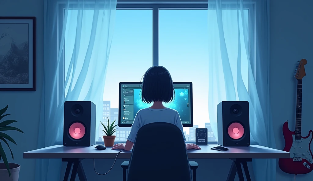 Inside the room blue white Emotional computer speaker A guitar leaning against a wall Desktop Music Bob Hair Near future Girl dawn An illustration Anime Style Back view Face not shown