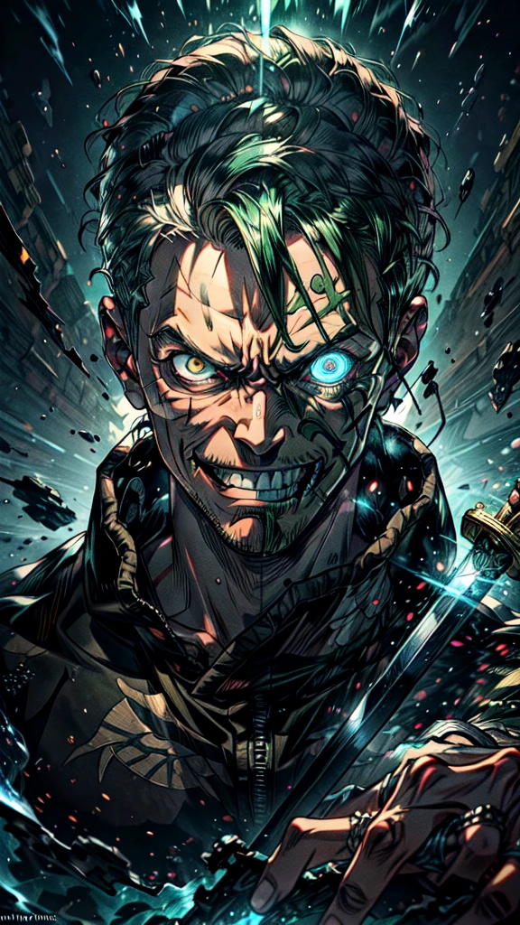 Create a hyper-realistic, terrifying image of Zoro from One Piece with a decayed, waxy, skeletal body posed in a combat stance. His face should be a disturbing illusion of a cracked, multi-faced mask with glowing eyes and a sinister grin. His sword should have twisted, demonic designs. The background is dark green with smoky, swirling effects and dynamic lighting. Incorporate fractal patterns and mechanical details, with motion effects from his sword strikes."