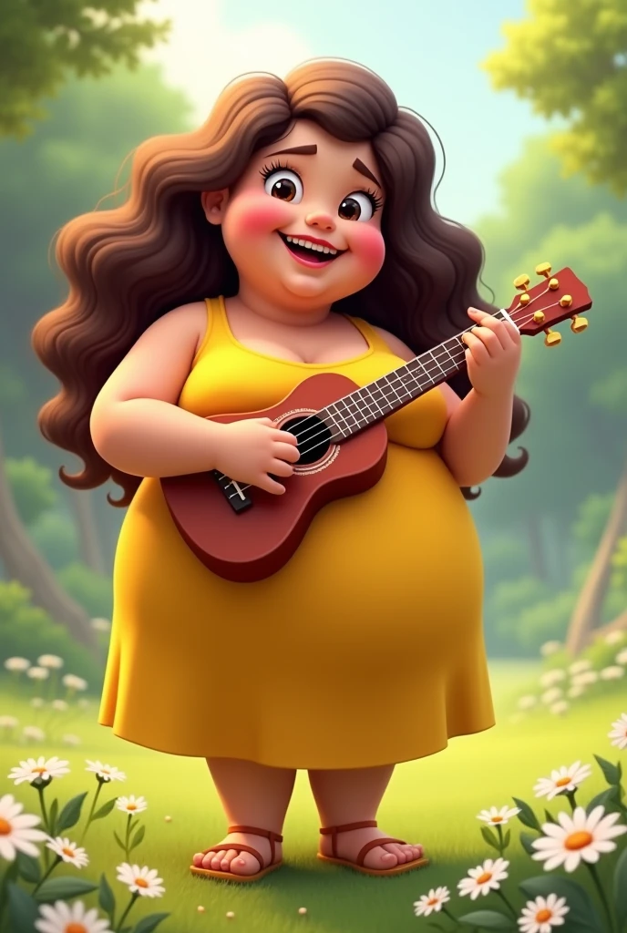 i want a chubby fatty very healthy girl cartoon who has very long most curly hair. she should wear a yellow dress and playing ukulele. the background should be with daisy flowers. boobs should not be so big. standing 