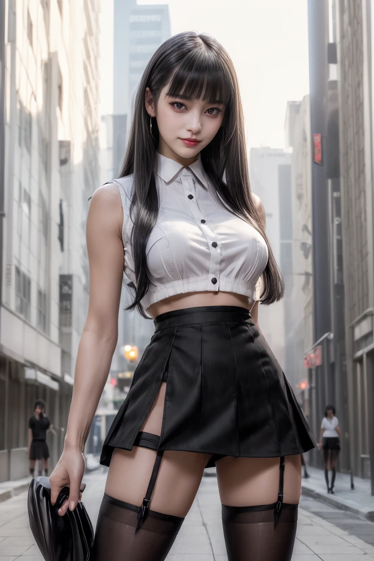 (Black Garter High Socks:1.5),(spread legs:1.5),Ultra-high resolution、(((Blunt bangs, Princess Bang))), (((Very heavy,Voluminous bangs:1.1))),(((very length, Very heavy,Very voluminous side locks:1.1))),, Princess Cut, Straight bangs hairstyle, Round face with Blunt bangs, length, Glossless hair、Bangs cut straight,(masterpiece, Highest quality:1.5), (Ultra-fine 8K CG:1.4), (hyperRealistic:1.25), (PhotoRealistic:1.25), (Realistic:1.4), Cowboy Shot, (One from the front.4), (smile1.3), Beautiful Japanese Girl, 12 years old, Supermodel, Japanese Idols, (smile), Big Breasts, Sweat、(Sleeveless white shirt:1.5)、(Black pencil mini skirt:1.7)、(Standing in the city:1.5)、Accentuate your cleavage:1.5、Black Hair:1.2、Full body image、((Real person:1.5))、(From below:1.5)