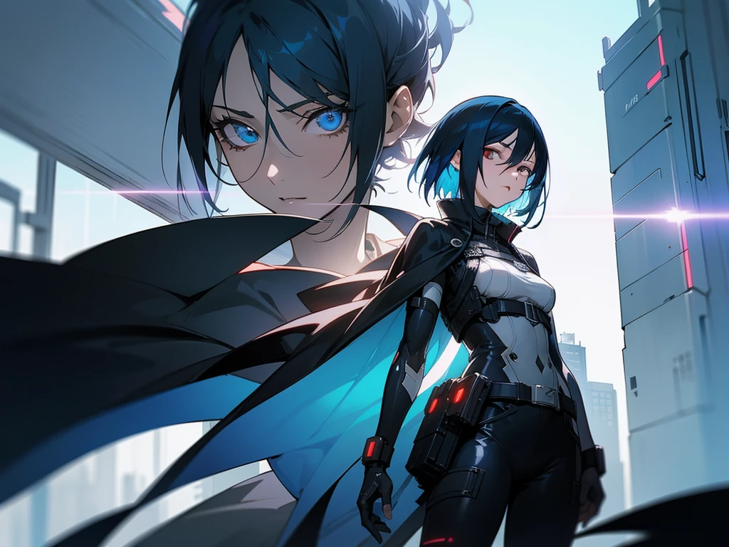 mikasa ackerman, A collection of illustrations featuring anime-style characters with cyberpunk and fantasy elements.。
The character has a sharp gaze.、She has glowing blue hair and a futuristic outfit.。
In the background、Light effects reminiscent of cyberspace and magic spread、It emphasizes the character's strength and mysterious atmosphere.。
