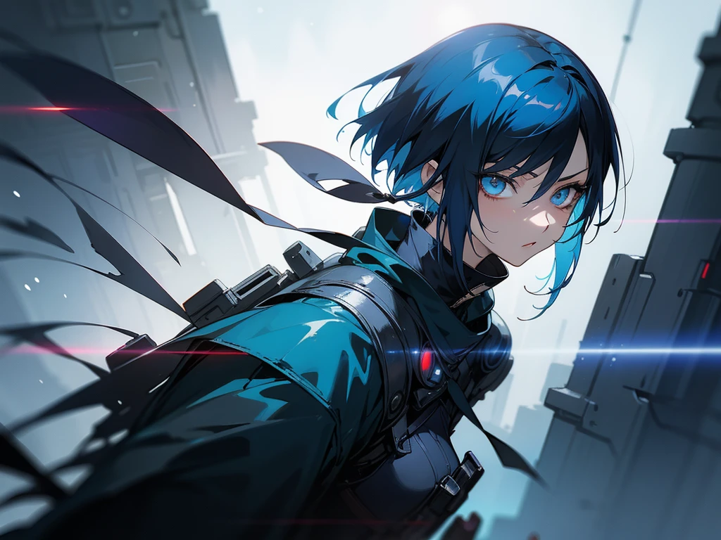 mikasa ackerman, A collection of illustrations featuring anime-style characters with cyberpunk and fantasy elements.。
The character has a sharp gaze.、She has glowing blue hair and a futuristic outfit.。
In the background、Light effects reminiscent of cyberspace and magic spread、It emphasizes the character&#39;s strength and mysterious atmosphere.。