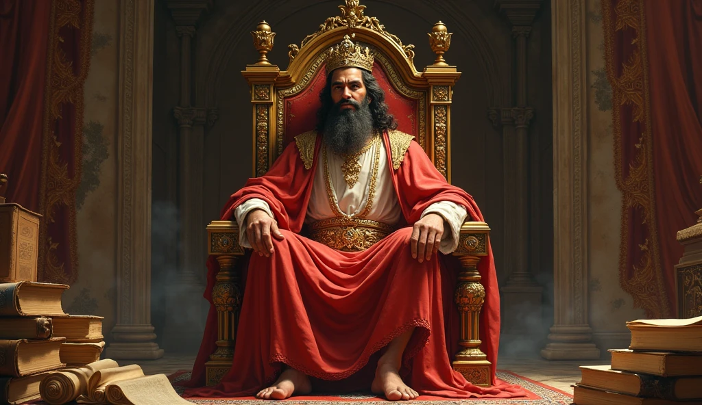 A depiction of Solomon seated on a majestic throne, surrounded by ancient books and scrolls. He holds a crown and has a contemplative expression.. The background is a palace room decorated with rich tapestries and soft light reflecting off precious stones..