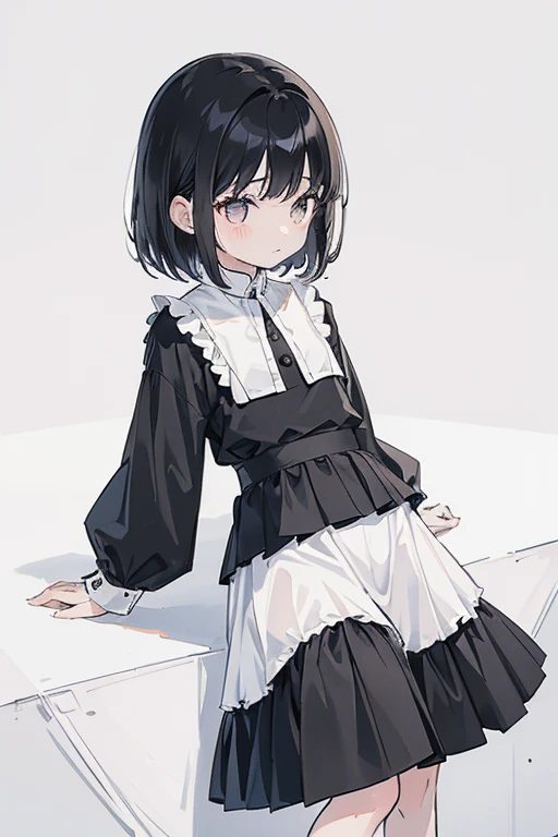 2girls, {child}, black hair, white hair, flat chests, small, fully clothed, black clothes (girl 1), white clothes (girl 2)