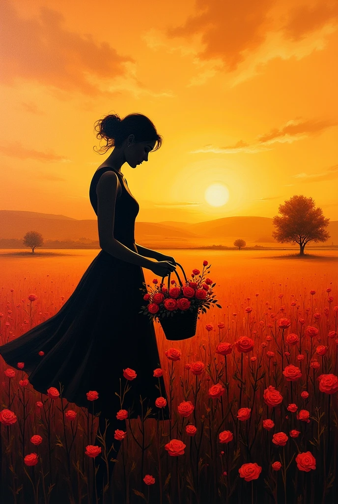 Canvas painting of black silhouette of woman picking roses in field with basket and sunset