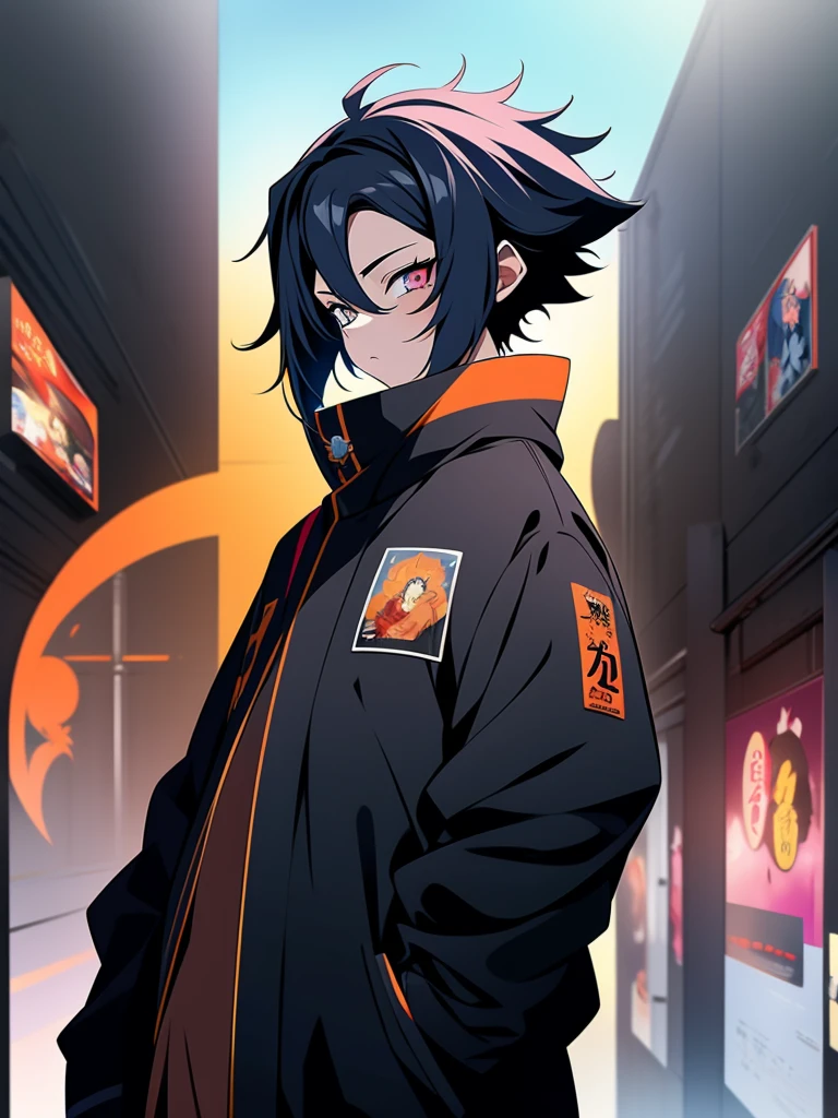 Anime boy with black hair, closed, slanted eyes and a black jacket., a character portrait inspired by Hoshina Soshiro, trend on pixiv, Kaiju no. 8, yandere gapmoe, in an anime style, como anime character, tall anime boy with closed eyes, guweiz style artwork, guweiz, made with anime painter studio hugging dark blue haired girl, orange eyes, chica beautiful abrazada, masterpiece, anime character, girl anime girl blue eyes, beautiful, couple in love